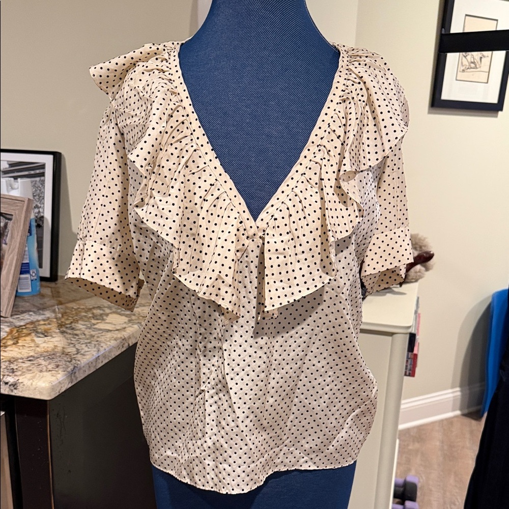 Karen Zambos Cream and Black Ruffle Blouse